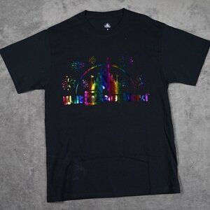 Walt Disney World Rainbow Foil Metallic Black Shirt Size Medium